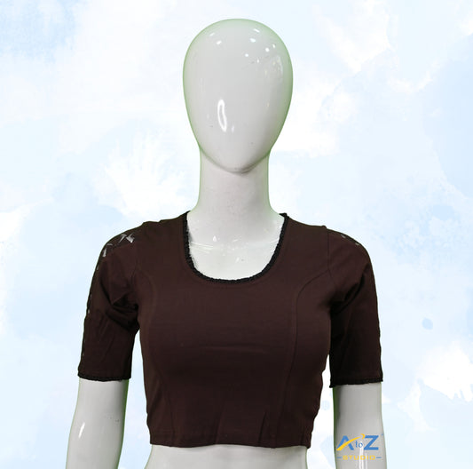 Coffee Cotton Lycra Blouse with Netted Flower Design