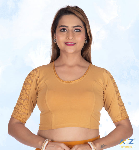 Dark Chiku Cotton Lycra Blouse with Netted Flower Design