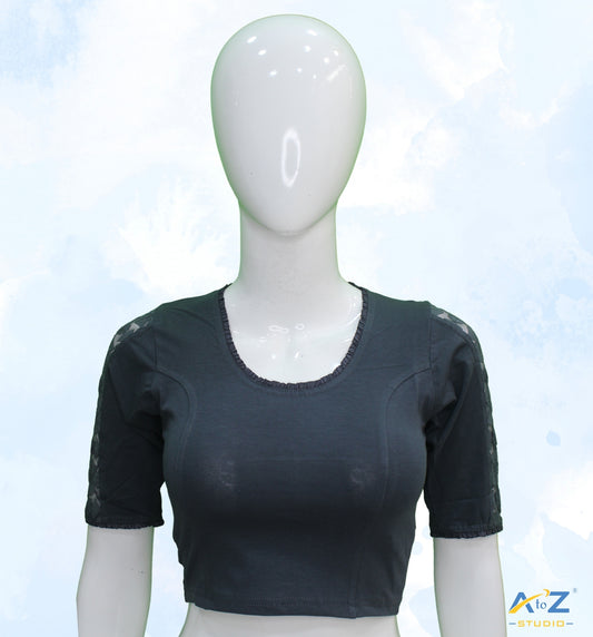 Grey  Cotton Lycra Blouse with Netted Flower Design