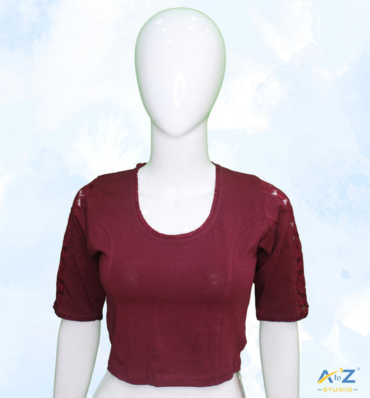 Maroon Cotton Lycra Blouse with Netted Flower Design