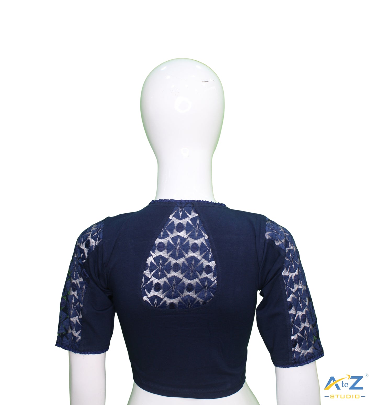 Navy Blue Cotton Lycra Blouse with Netted Flower Design