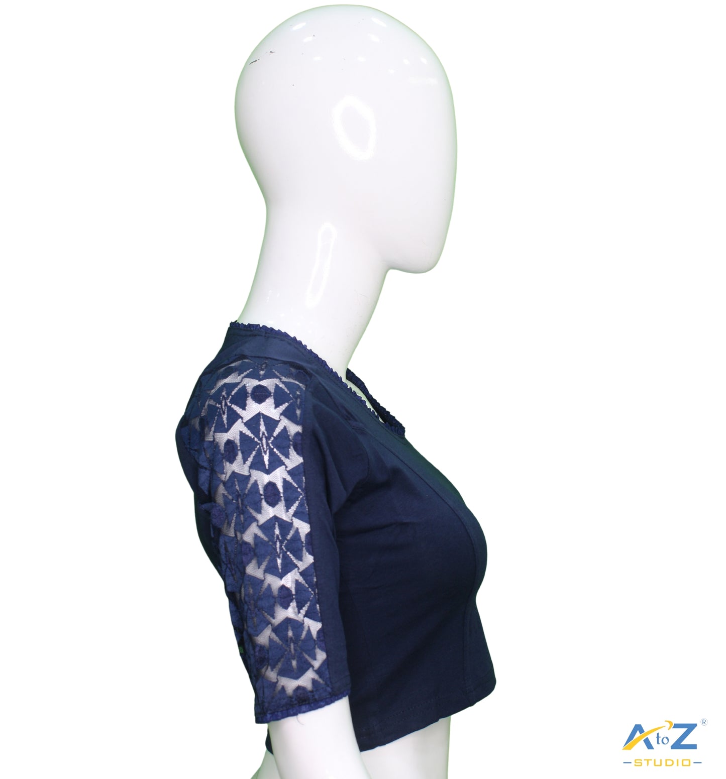 Navy Blue Cotton Lycra Blouse with Netted Flower Design