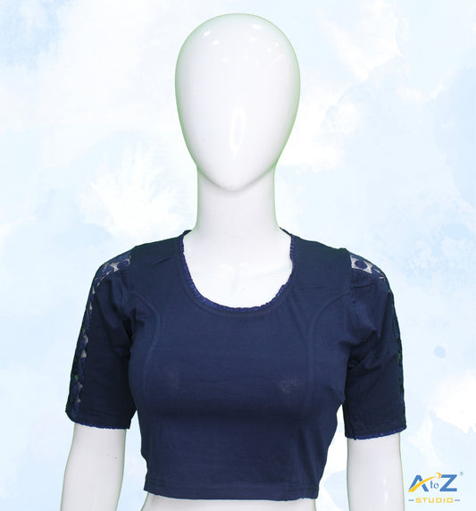 Navy Blue Cotton Lycra Blouse with Netted Flower Design