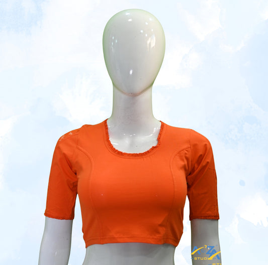Orange Cotton Lycra Blouse with Netted Flower Design