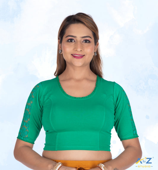 Peacock Green  Cotton Lycra Blouse with Netted Flower Design