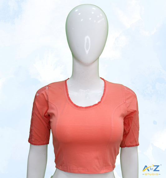 Peach Cotton Lycra Blouse with Netted Flower Design