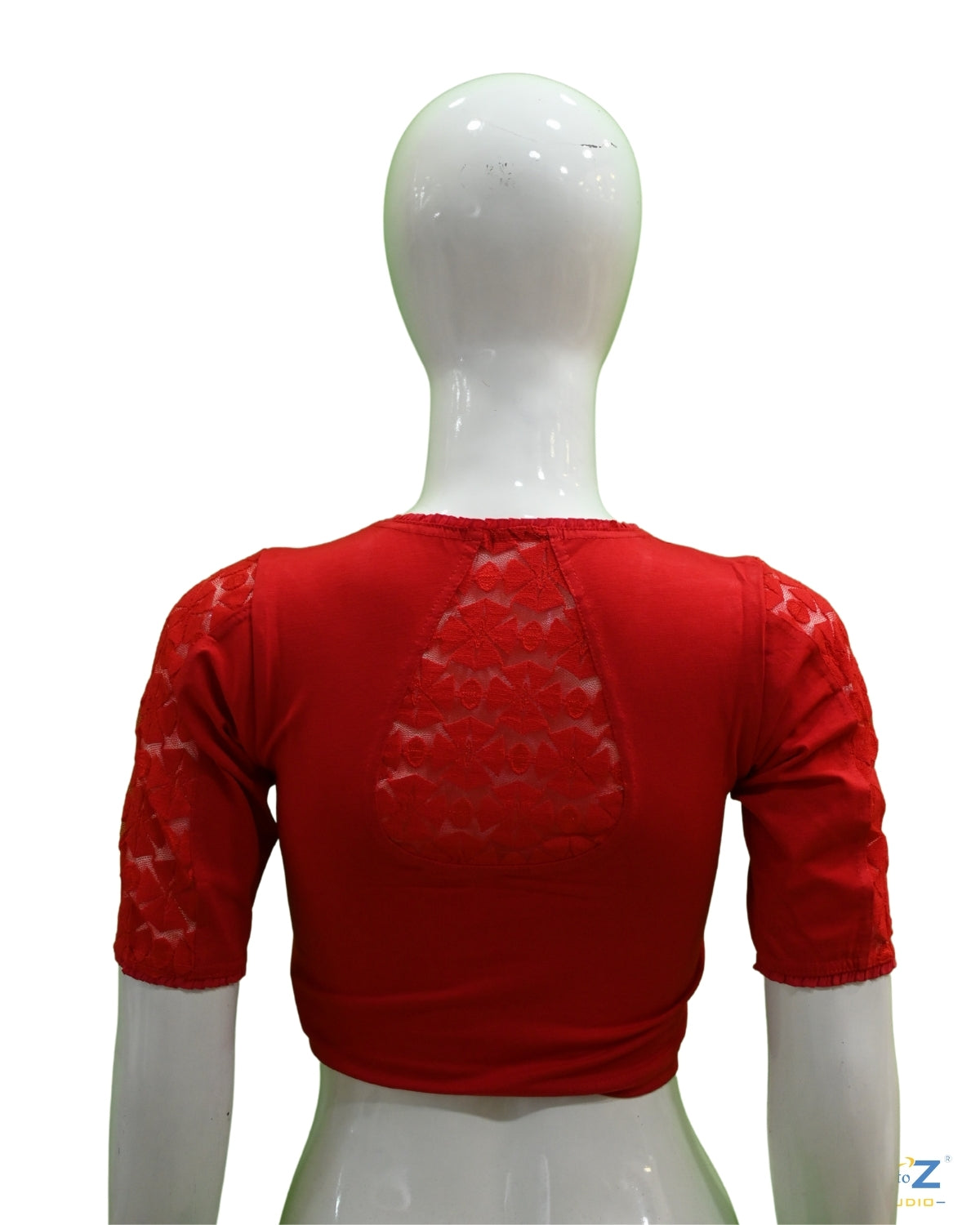 Red Cotton Lycra Blouse with Netted Flower Design