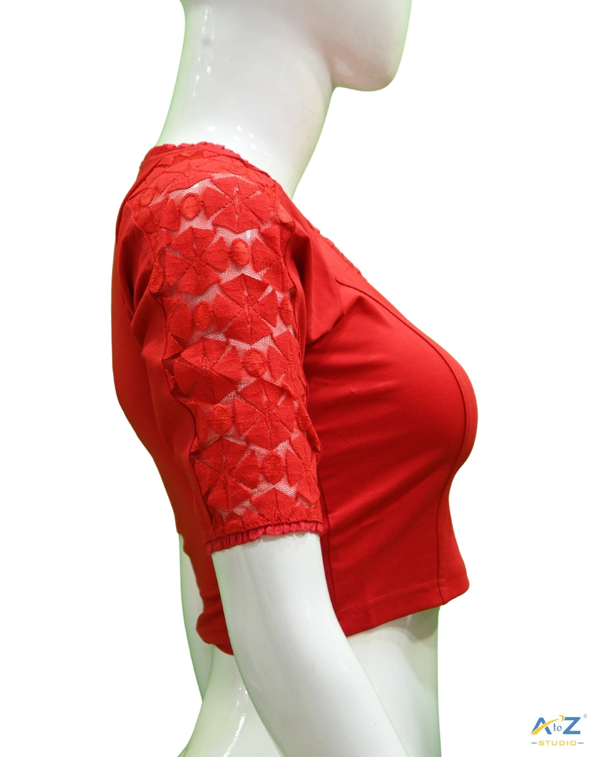 Red Cotton Lycra Blouse with Netted Flower Design