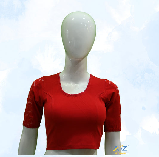 Red Cotton Lycra Blouse with Netted Flower Design