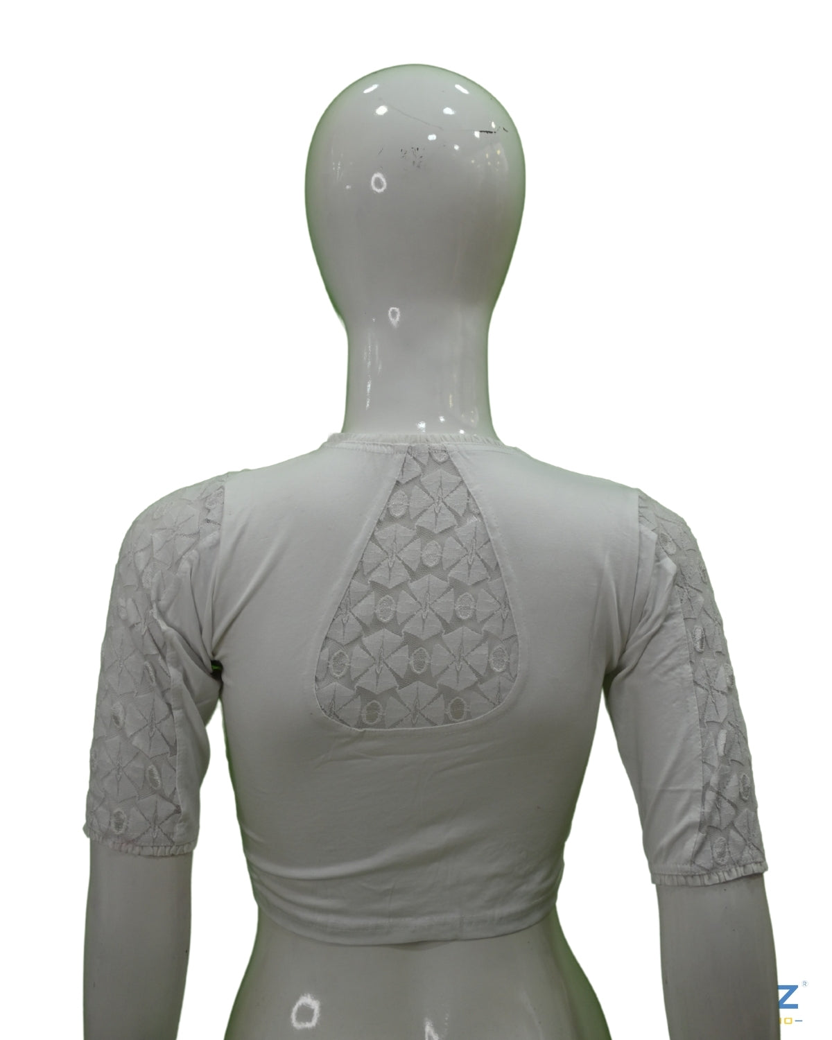 White Cotton Lycra Blouse with Netted Flower Design