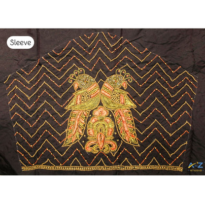 Dark Brown Silk Blouse Piece With Thread Work