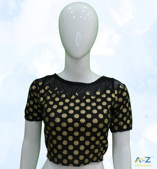 Black  Crush Blouse with Golden Flower & Net