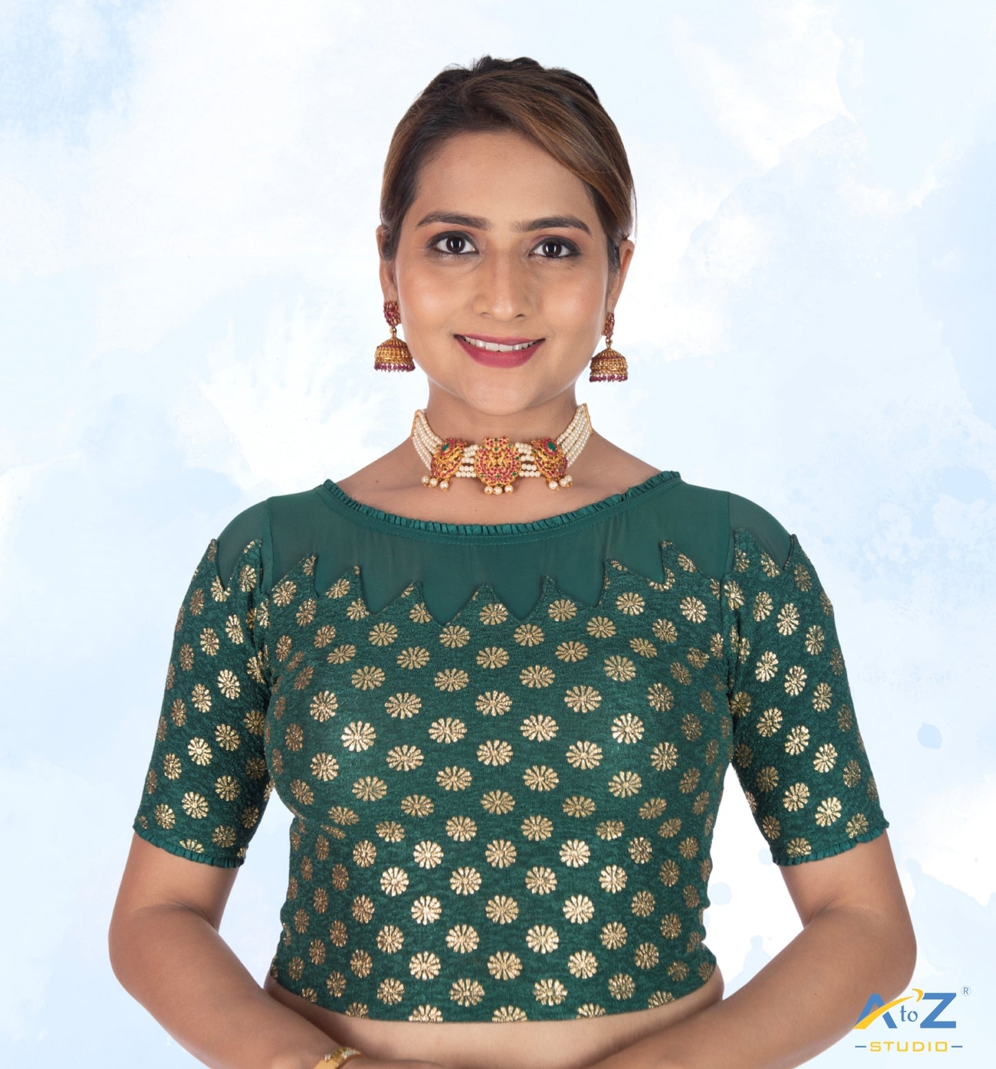 Dark Green Crush Blouse with Golden Flower & Net