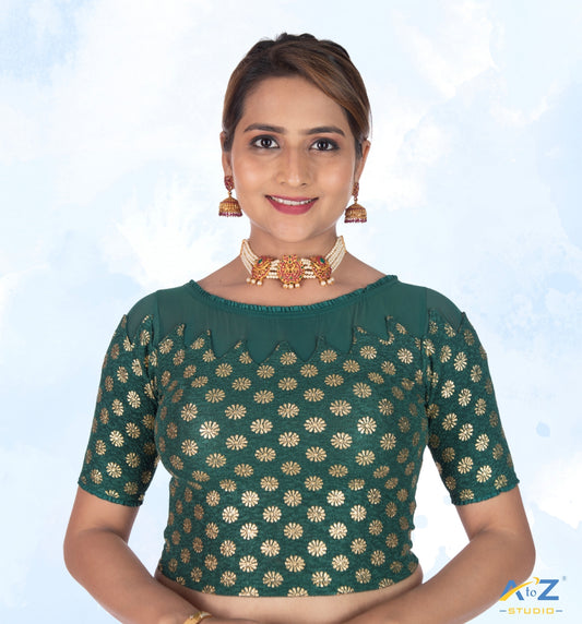 Dark Green Crush Blouse with Golden Flower & Net