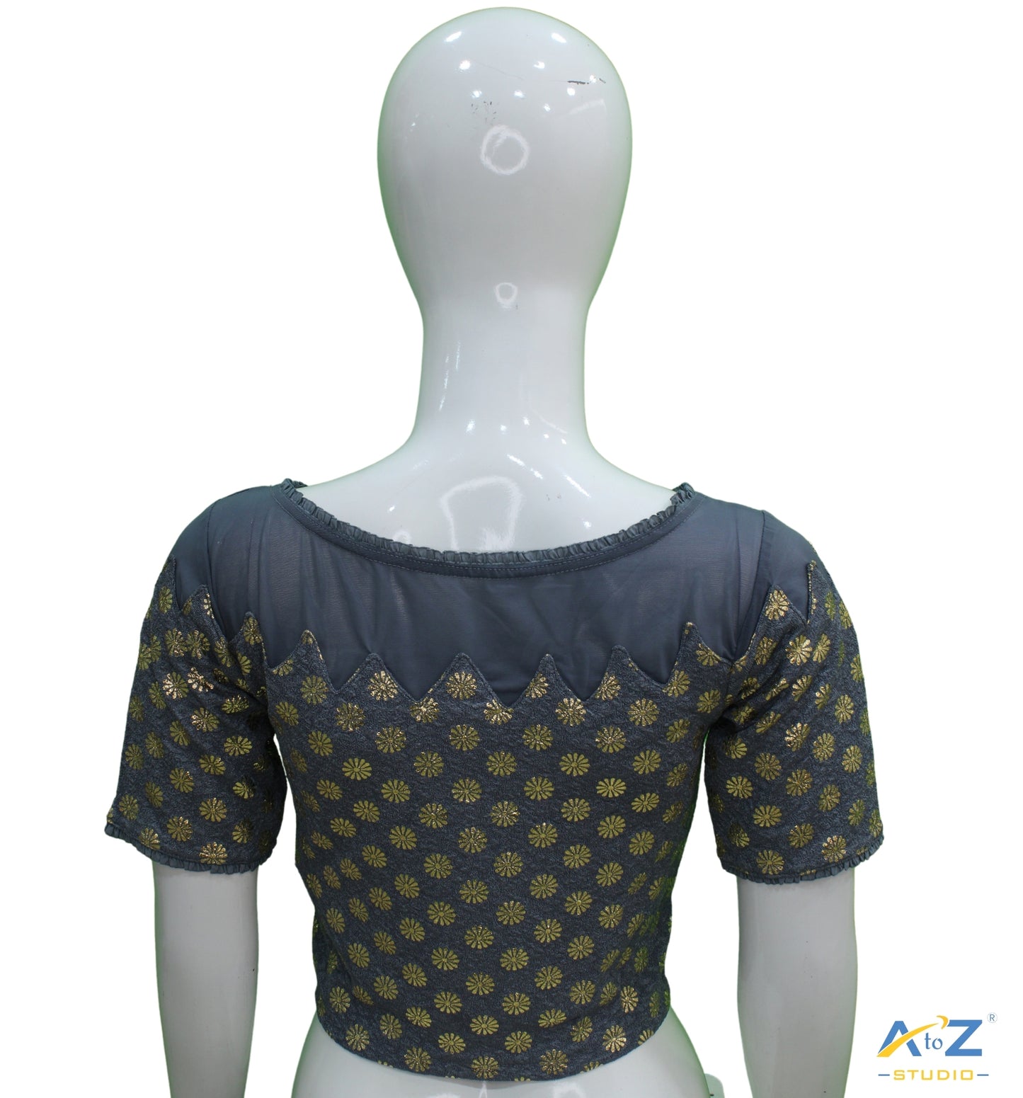 Grey  Crush Blouse with Golden Flower & Net