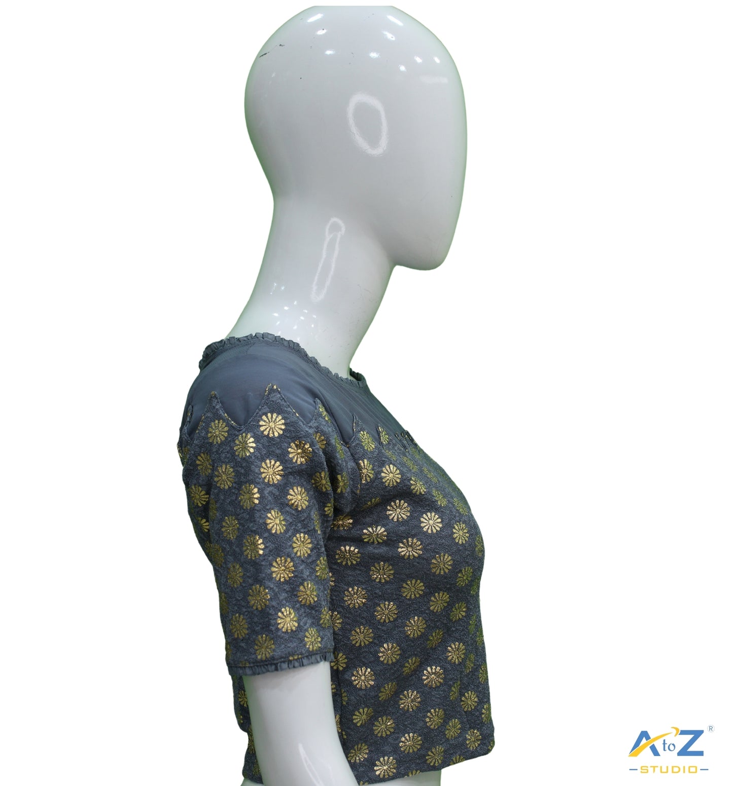 Grey  Crush Blouse with Golden Flower & Net
