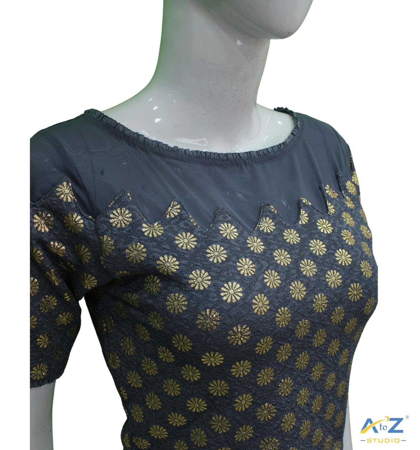 Grey  Crush Blouse with Golden Flower & Net