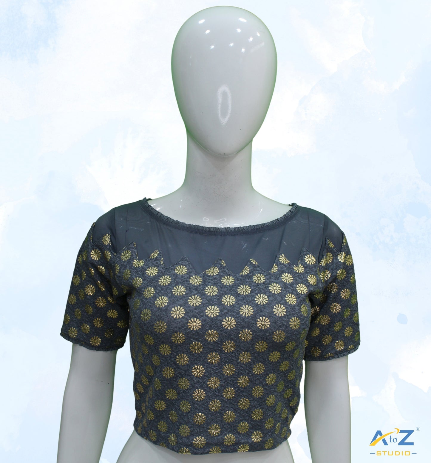 Grey  Crush Blouse with Golden Flower & Net