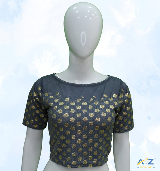 Grey  Crush Blouse with Golden Flower & Net