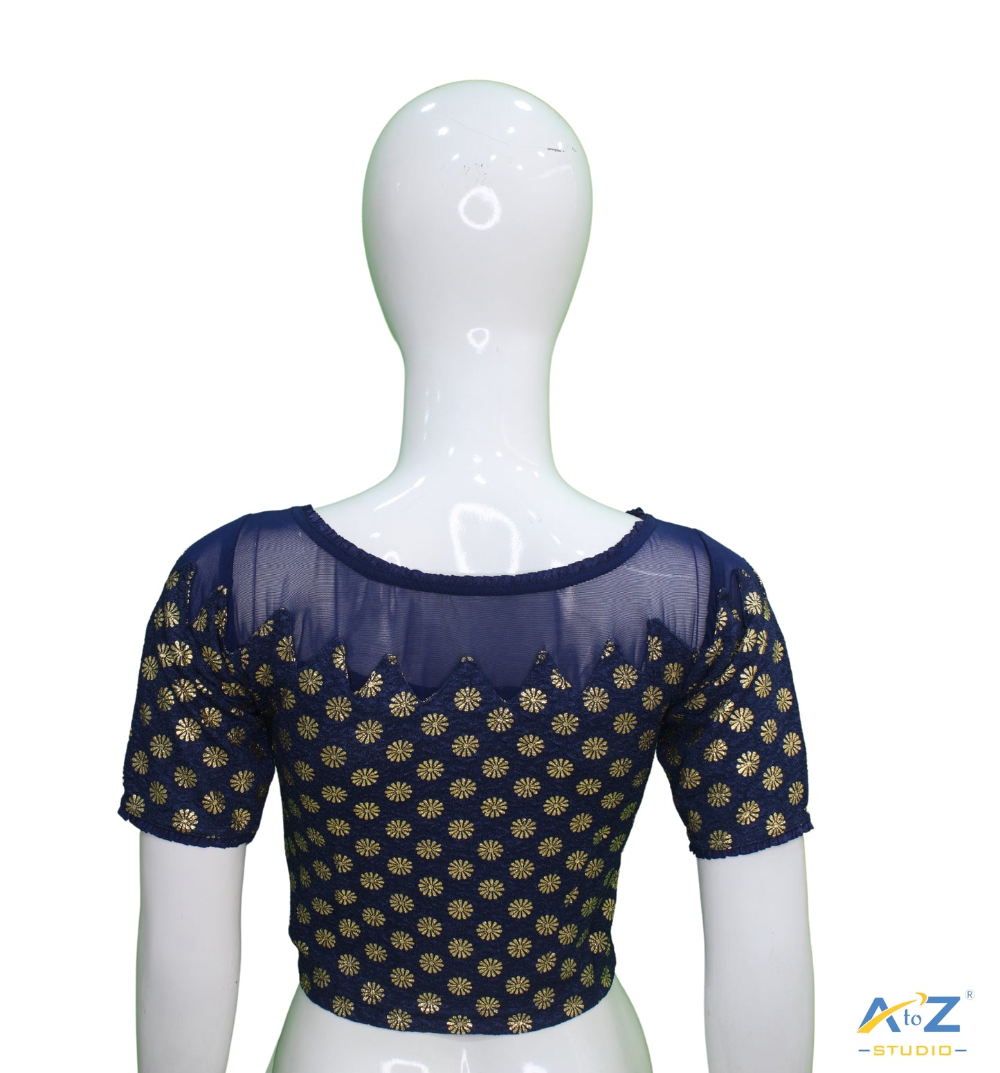 Navy Blue Crush Blouse with Golden Flower & Net