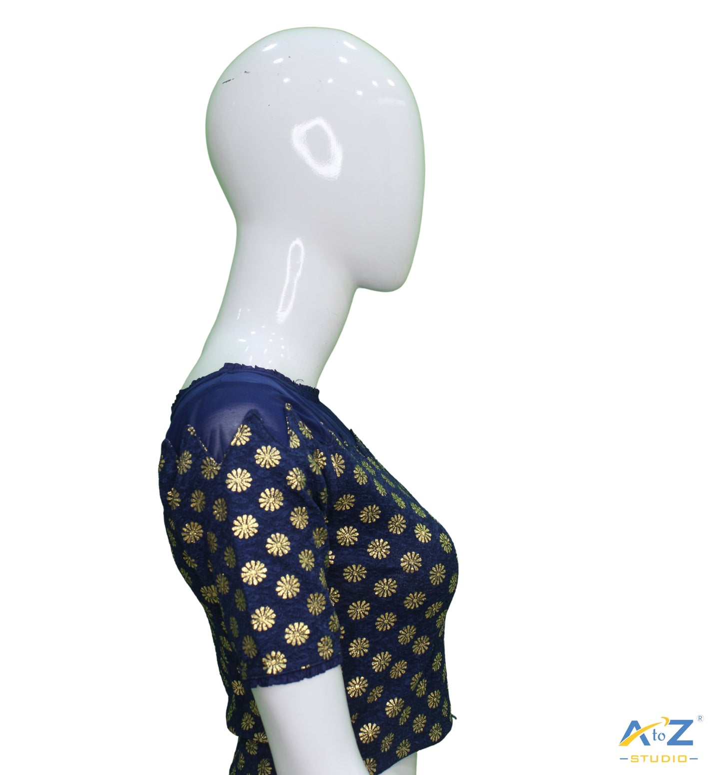 Navy Blue Crush Blouse with Golden Flower & Net