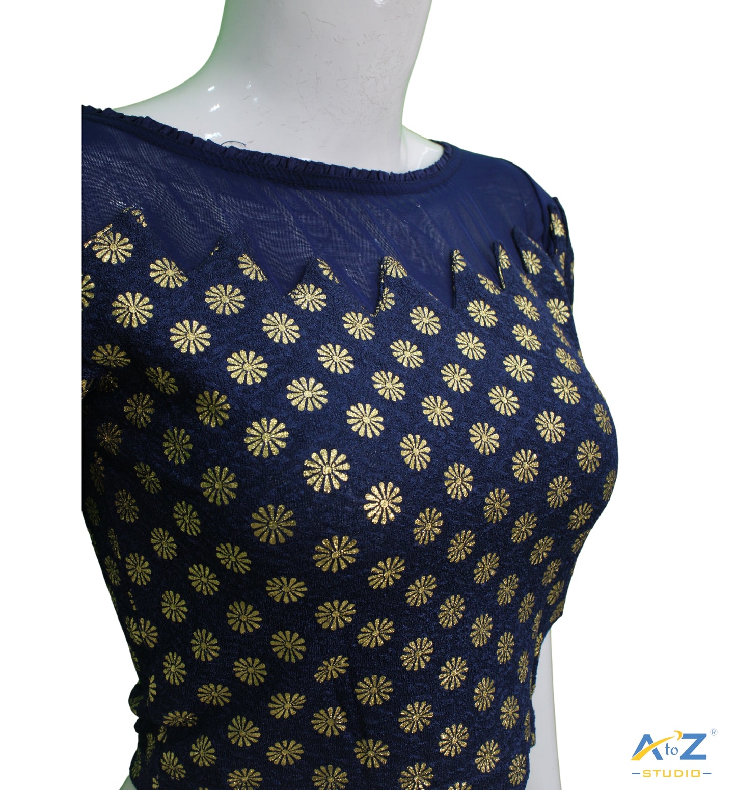 Navy Blue Crush Blouse with Golden Flower & Net