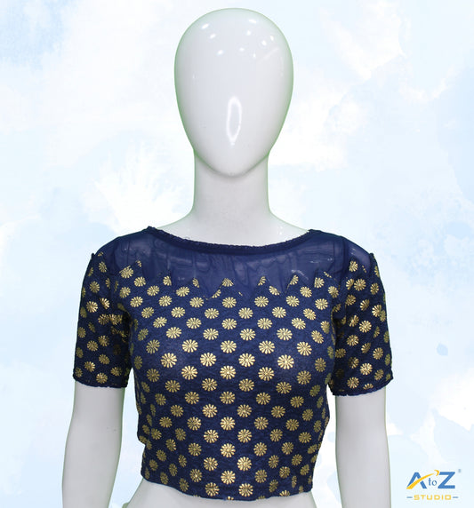 Navy Blue Crush Blouse with Golden Flower & Net