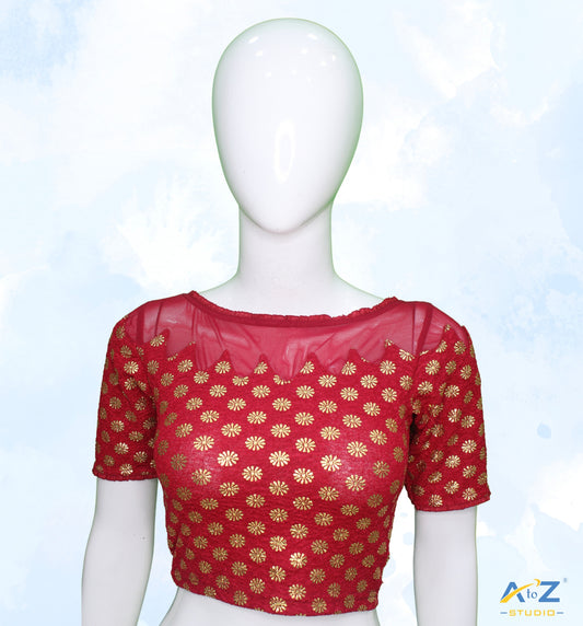Redish Maroon Crush Blouse with Golden Flower & Net