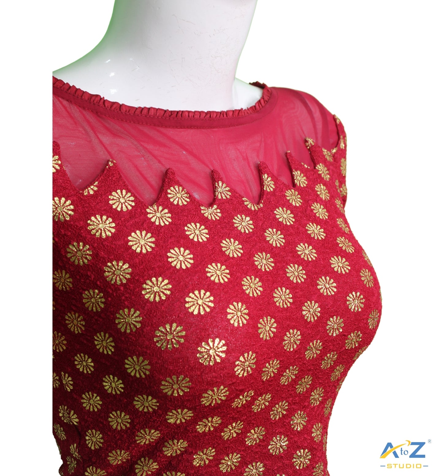 Redish Maroon Crush Blouse with Golden Flower & Net