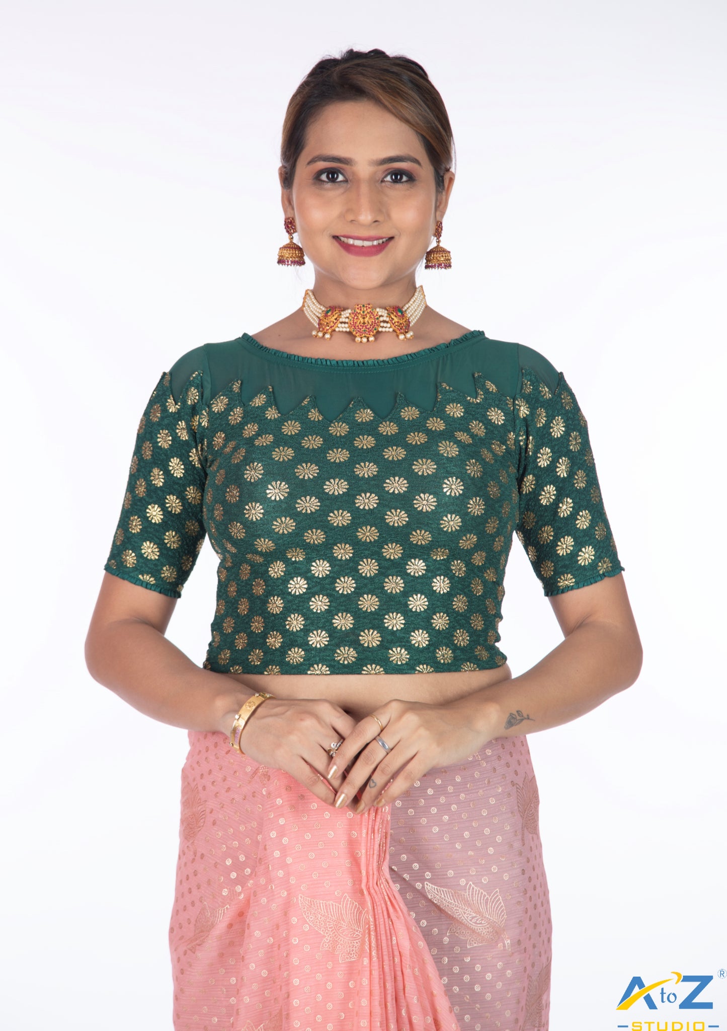 Dark Green Crush Blouse with Golden Flower & Net