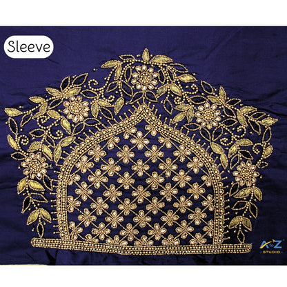 Navy Blue Silk Blouse Piece With Aari Work