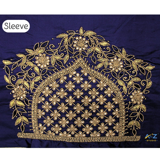 Navy Blue Silk Blouse Piece With Aari Work
