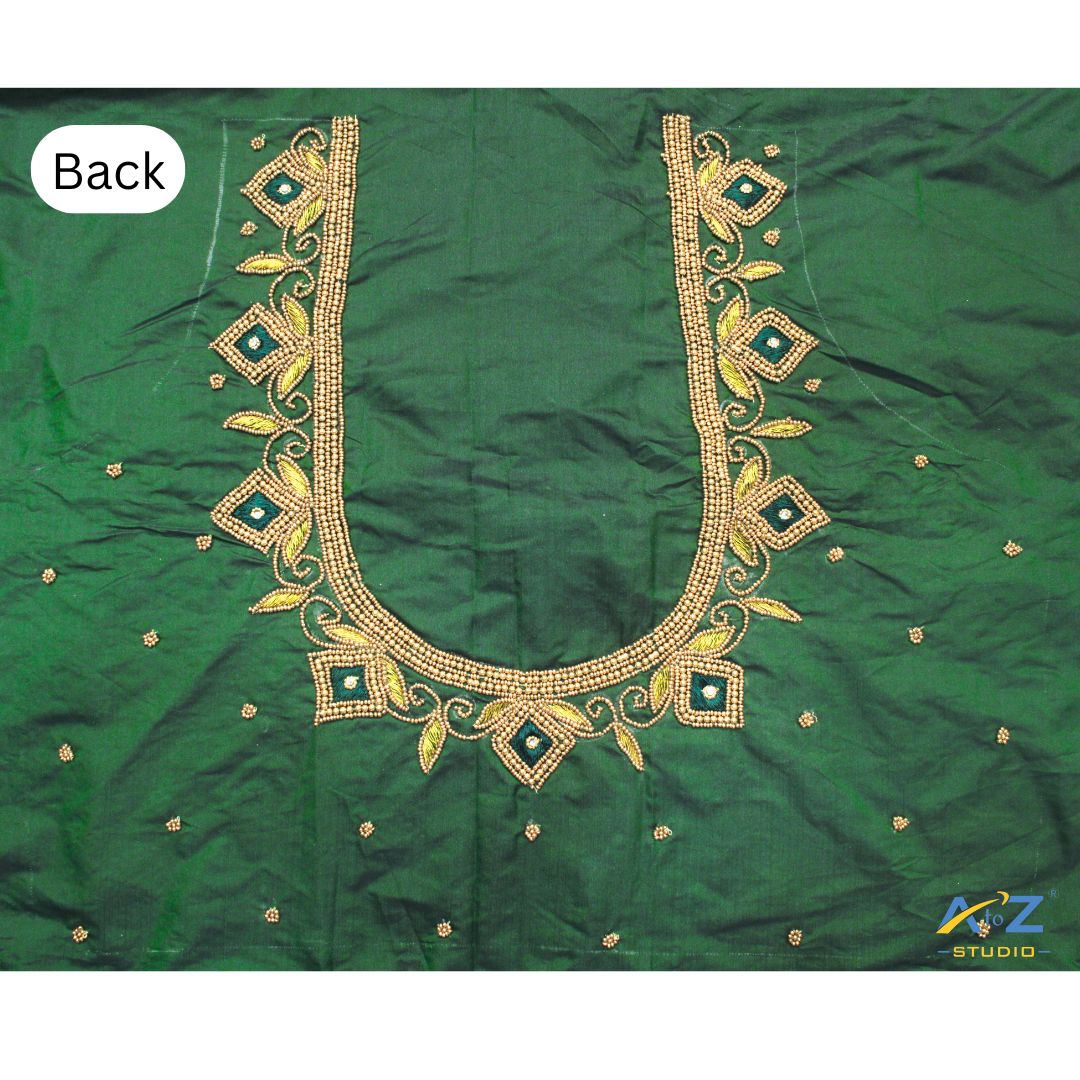 Dark Forest Green Silk Blouse Piece With Aari Work