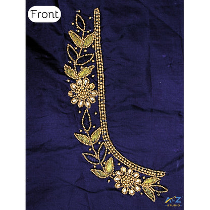 Navy Blue Silk Blouse Piece With Aari Work