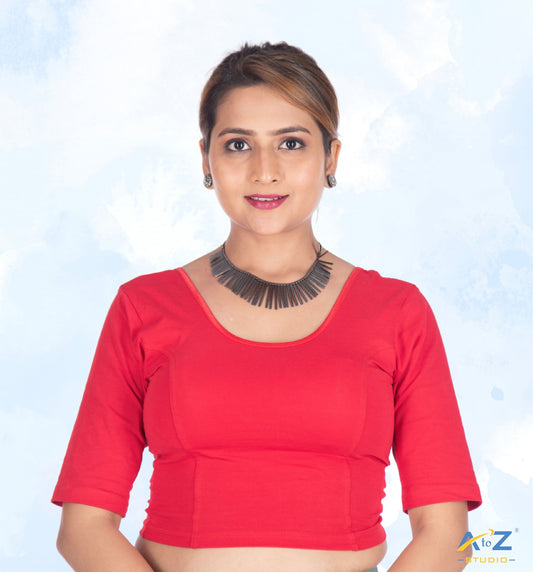 Red Cotton Lycra Blouse - Plain