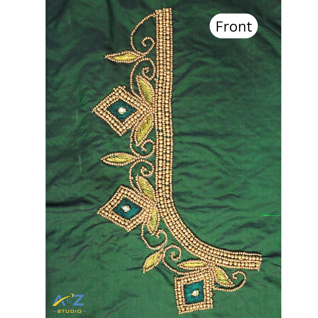 Dark Forest Green Silk Blouse Piece With Aari Work
