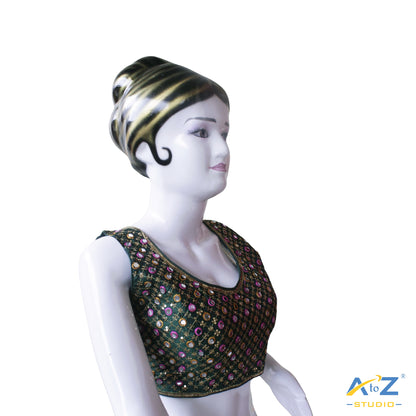 Hand-Embroidered Bottle Green blouse with sequin & Mirror work.