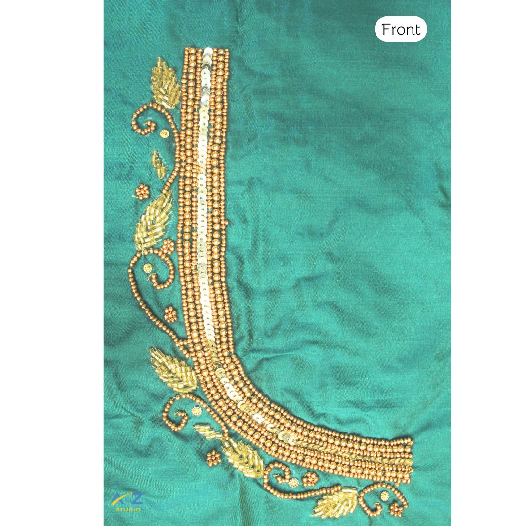 Dark Rama Green Silk Blouse Piece With Aari Work (Gold Work)