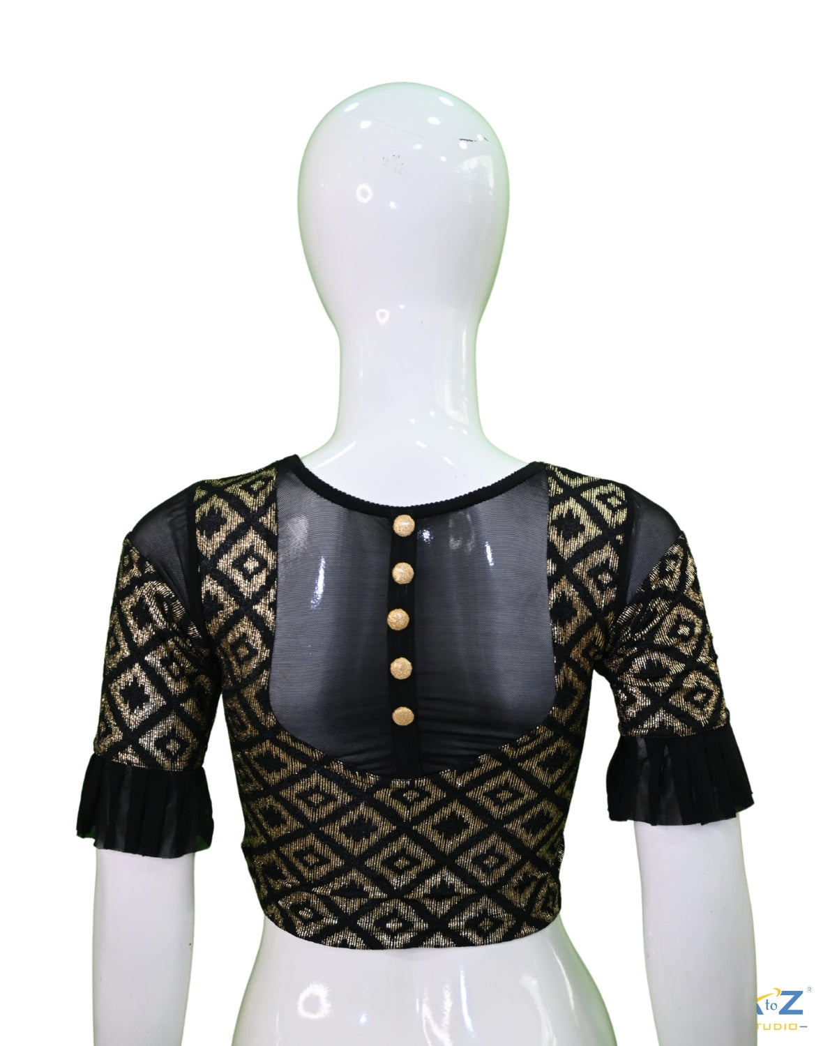 Black Zarjet Blouse with Golden Diamond Print