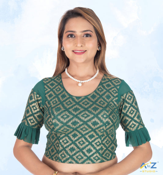 Dark Green Zarjet Blouse with Golden Diamond Print