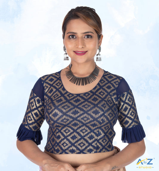 Navy Blue Zarjet Blouse with Golden Diamond Print
