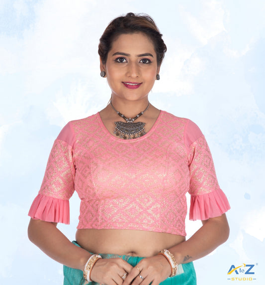 Peach Zarjet Blouse with Golden Diamond Print