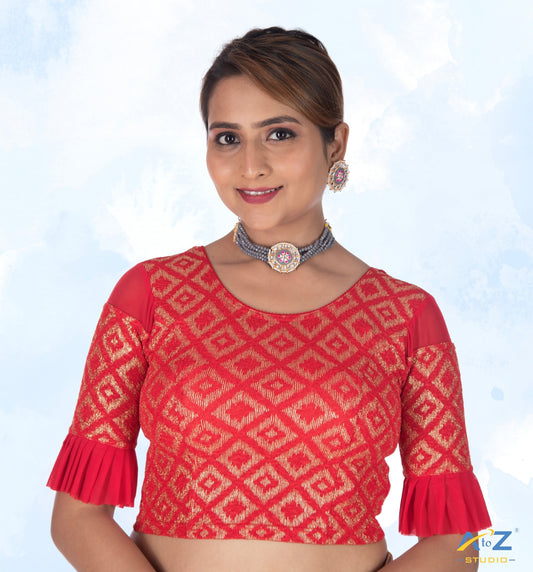 Red Zarjet Blouse with Golden Diamond Print