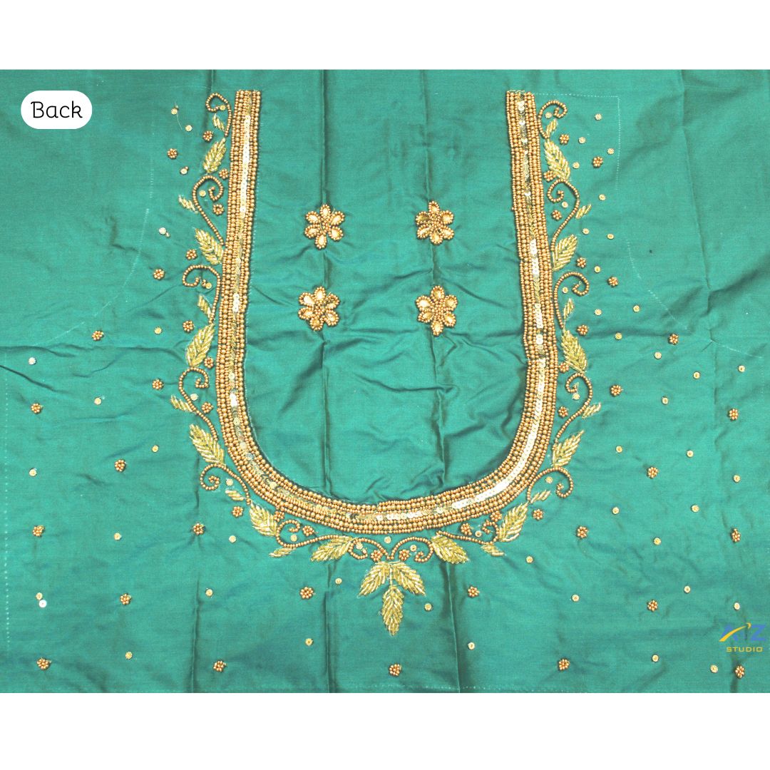 Dark Rama Green Silk Blouse Piece With Aari Work (Gold Work)