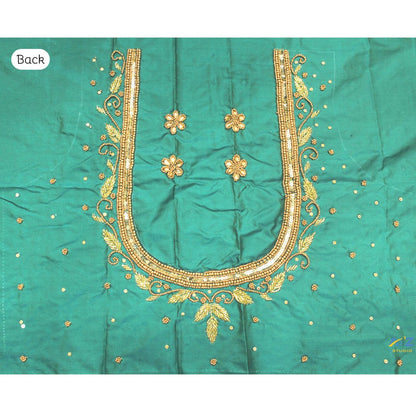 Dark Rama Green Silk Blouse Piece With Aari Work (Gold Work)