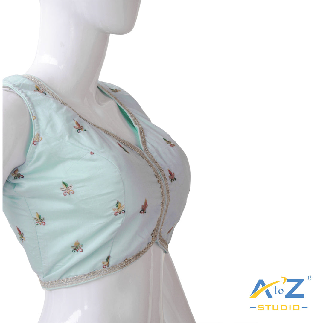 Light Aqua Blue Embroidered Silk Blouse – V-Neck with Front Closure