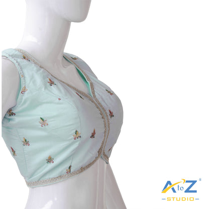Light Aqua Blue Embroidered Silk Blouse – V-Neck with Front Closure