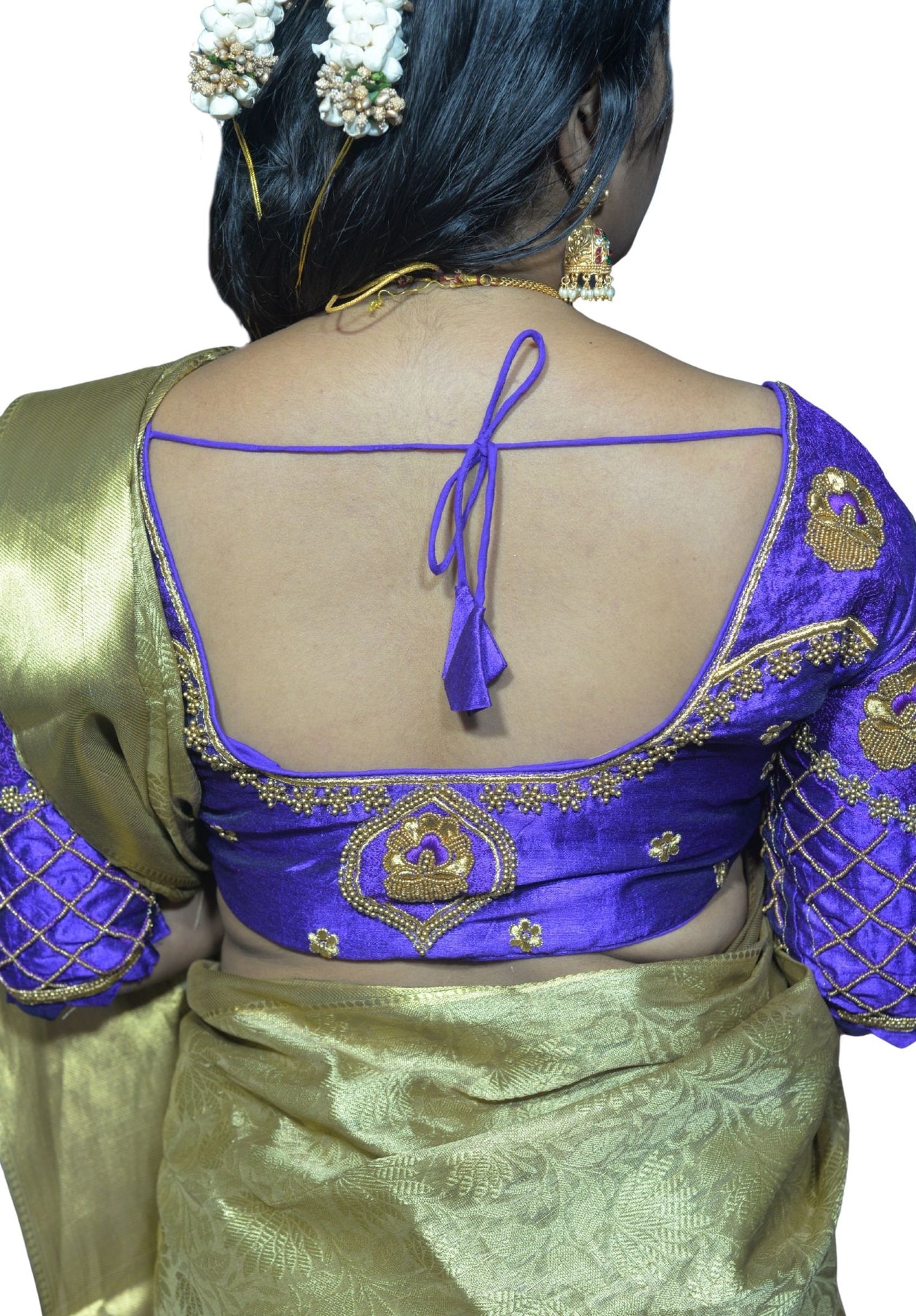 Traditional Purple Blouse with Criss-Cross Sleeves and Lakshmi Aari Work