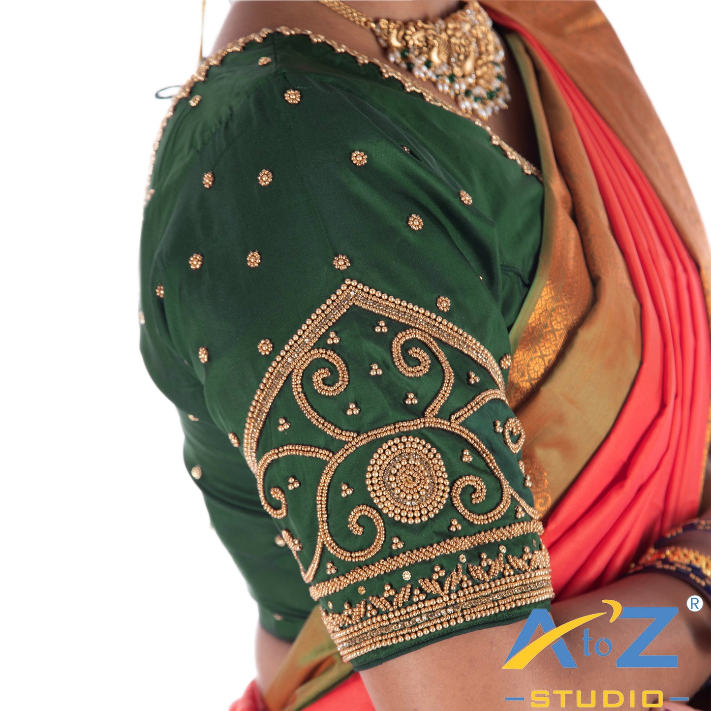 Dark Forest Green Silk Cloth Blouse with Simple plain chain design Design
