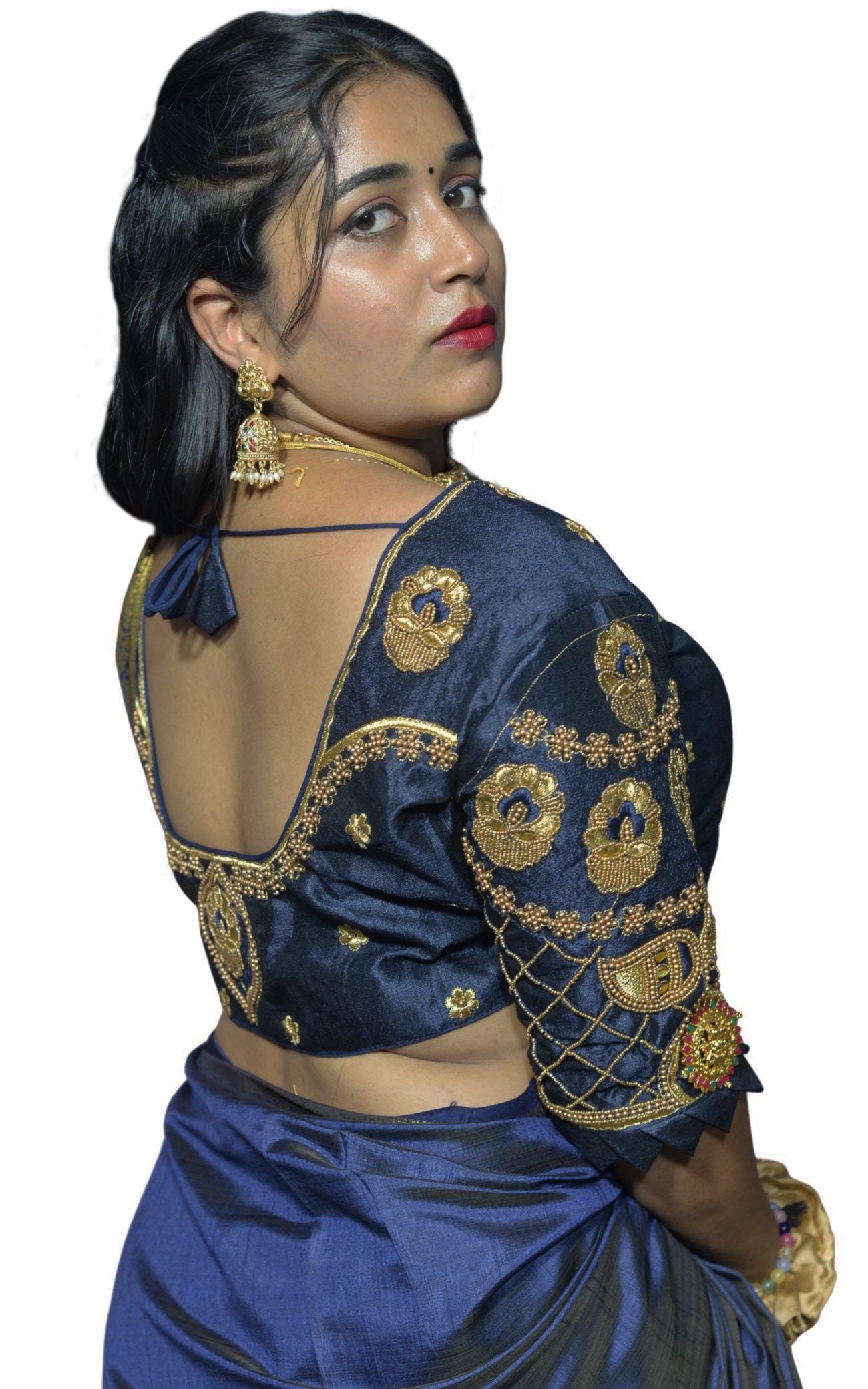 Traditional Navy Blue Blouse with Criss-Cross Sleeves and Lakshmi Aari Work